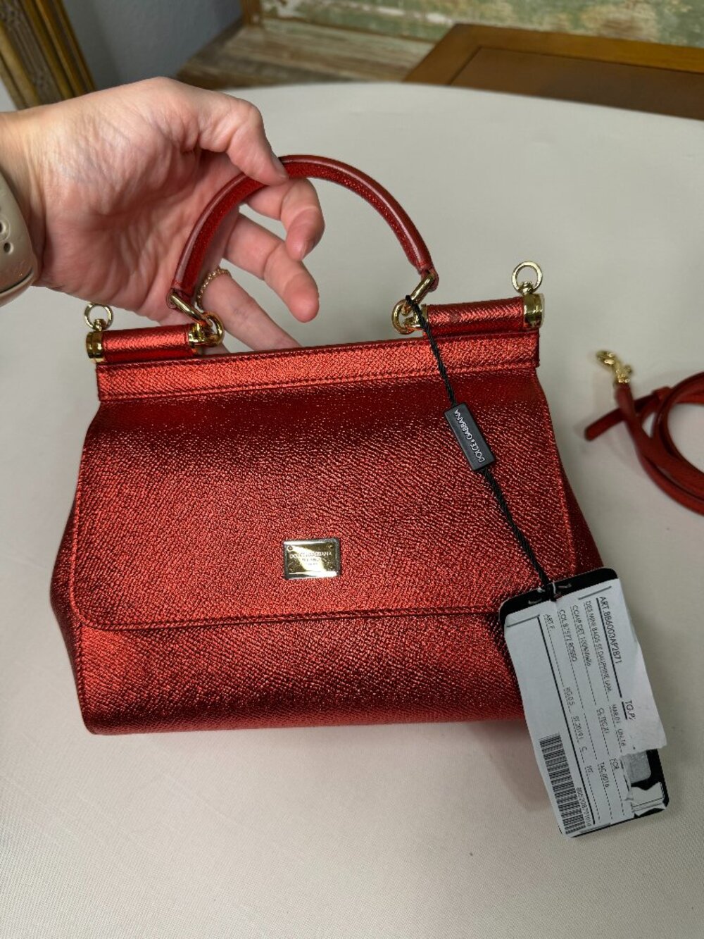 Dolce & Gabbana Miss Sicily Metallic Red Leather Top Handle Crossbody Bag